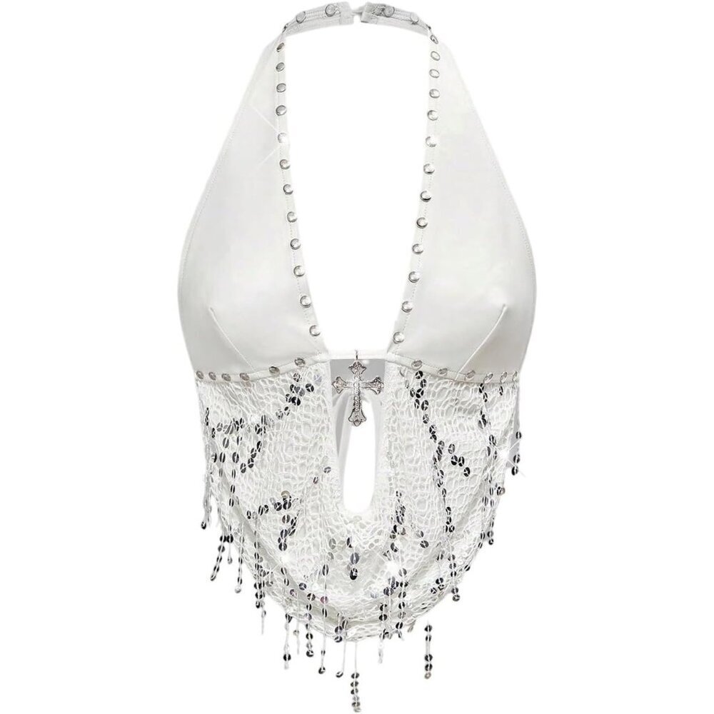 Women's Solid White Gothic Grunge PU Leather Sparkly Halter V Neck Vest Crop Top